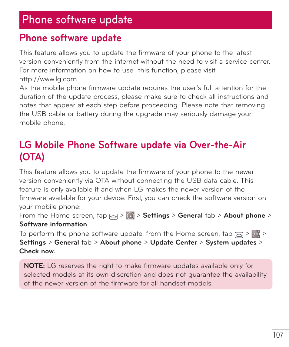 Phone software update | LG LGD851TN User Manual | Page 108 / 145