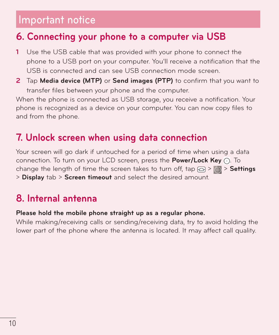 Important notice, Connecting your phone to a computer via usb, Unlock screen when using data connection | Internal antenna | LG LGD851TN User Manual | Page 11 / 145