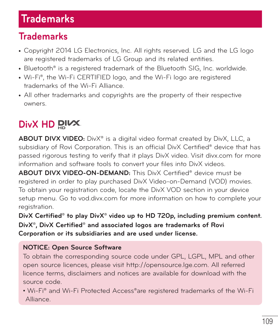 Trademarks, Divx hd | LG LGD851TN User Manual | Page 110 / 145