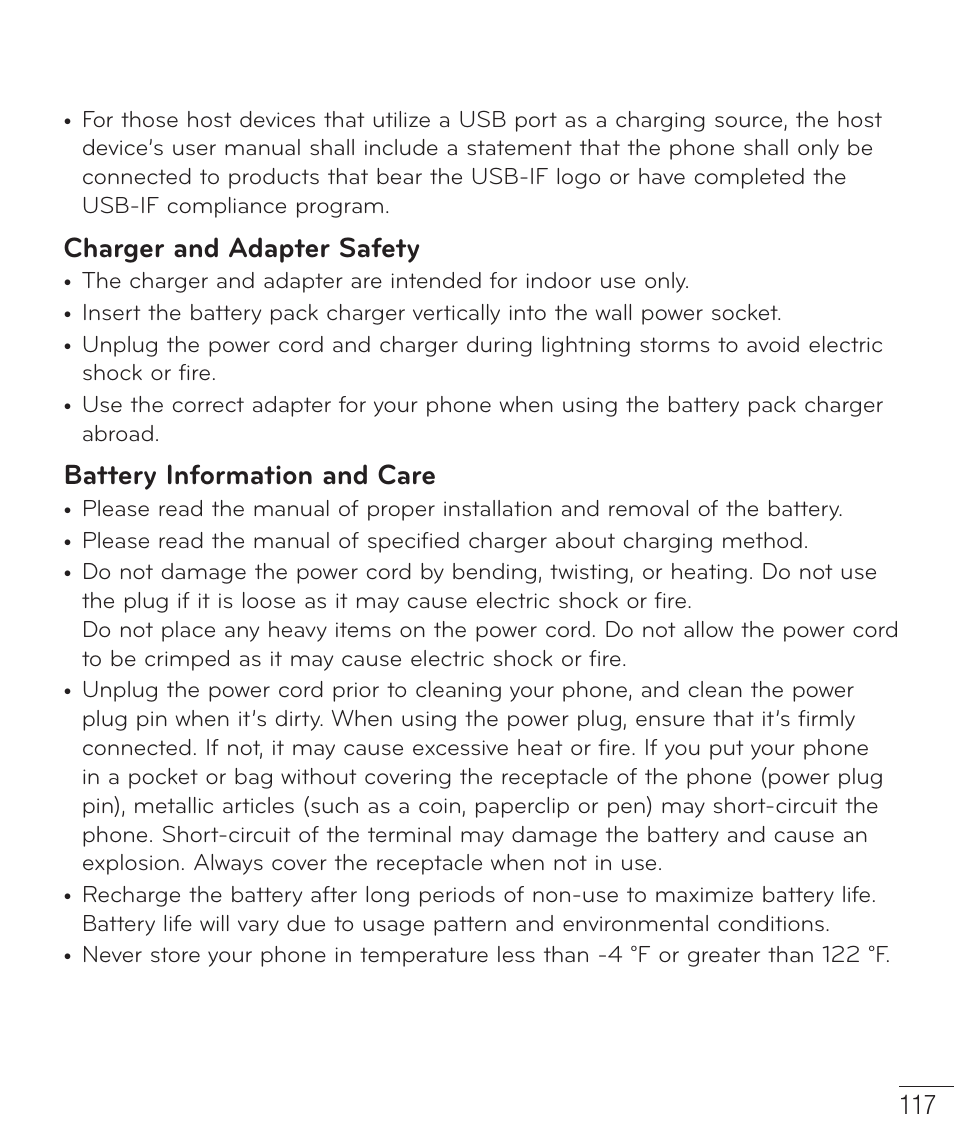Charger and adapter safety, Battery information and care | LG LGD851TN User Manual | Page 118 / 145