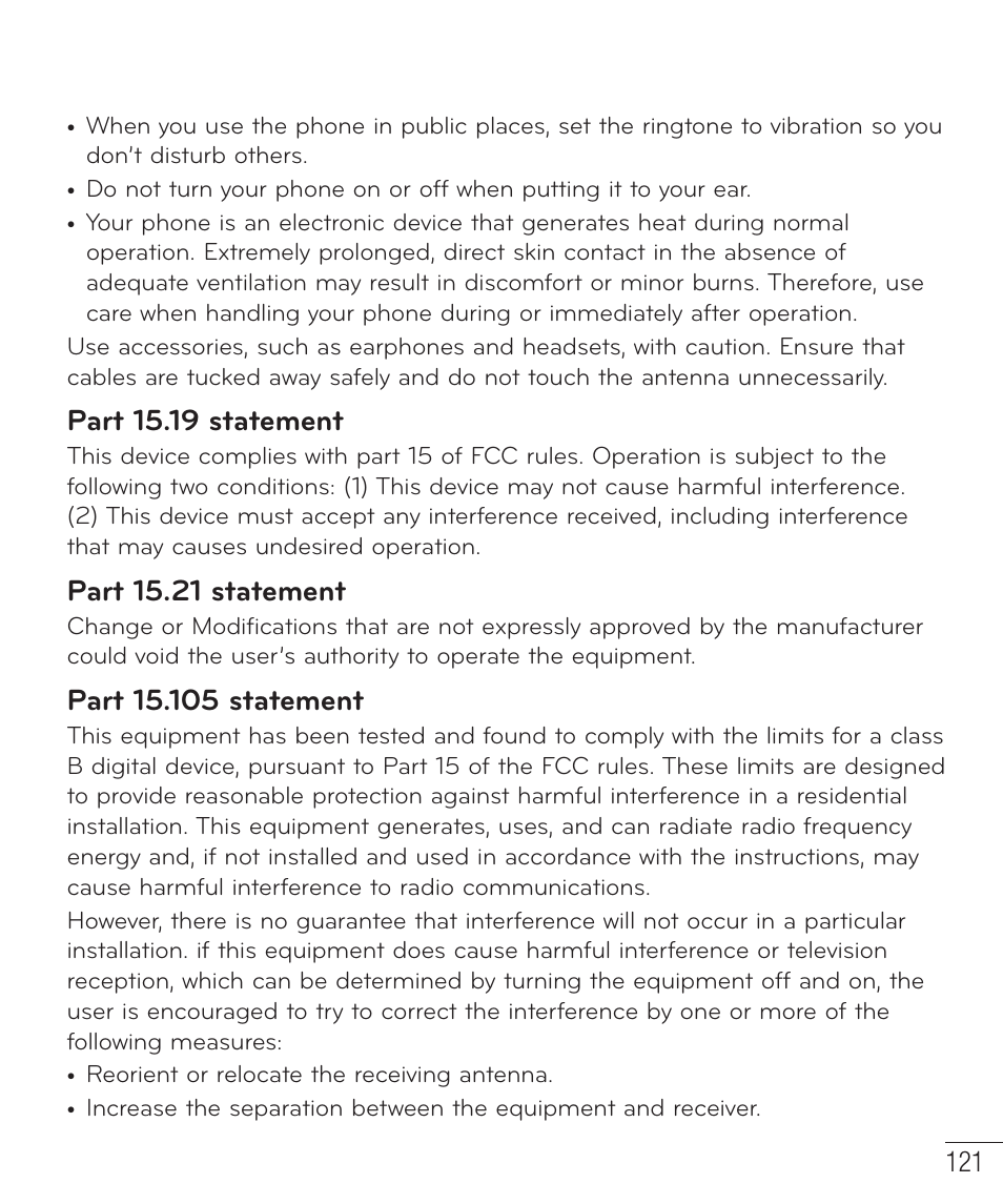 Part 15.19 statement, Part 15.21 statement | LG LGD851TN User Manual | Page 122 / 145