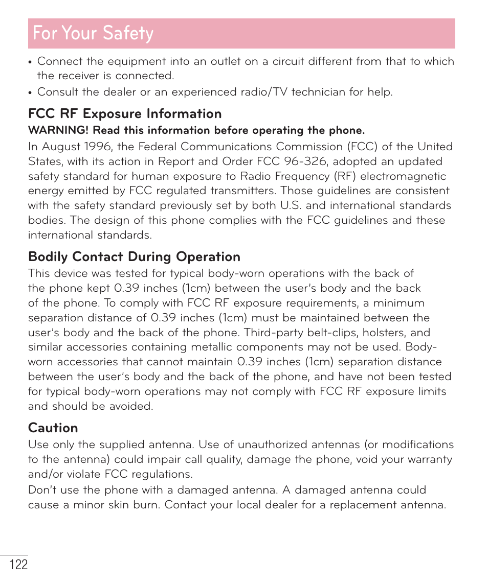 For your safety, Fcc rf exposure information, Bodily contact during operation | Caution | LG LGD851TN User Manual | Page 123 / 145
