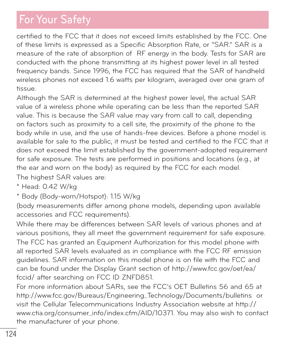 For your safety | LG LGD851TN User Manual | Page 125 / 145