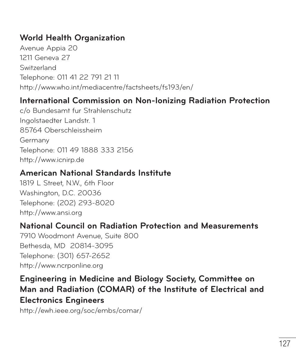 World health organization, American national standards institute | LG LGD851TN User Manual | Page 128 / 145