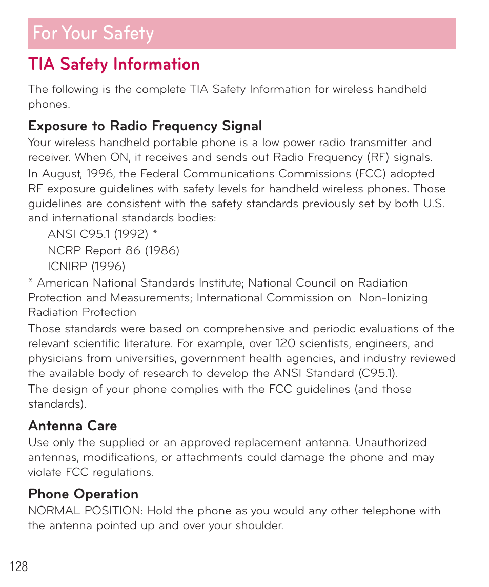 For your safety, Tia safety information | LG LGD851TN User Manual | Page 129 / 145
