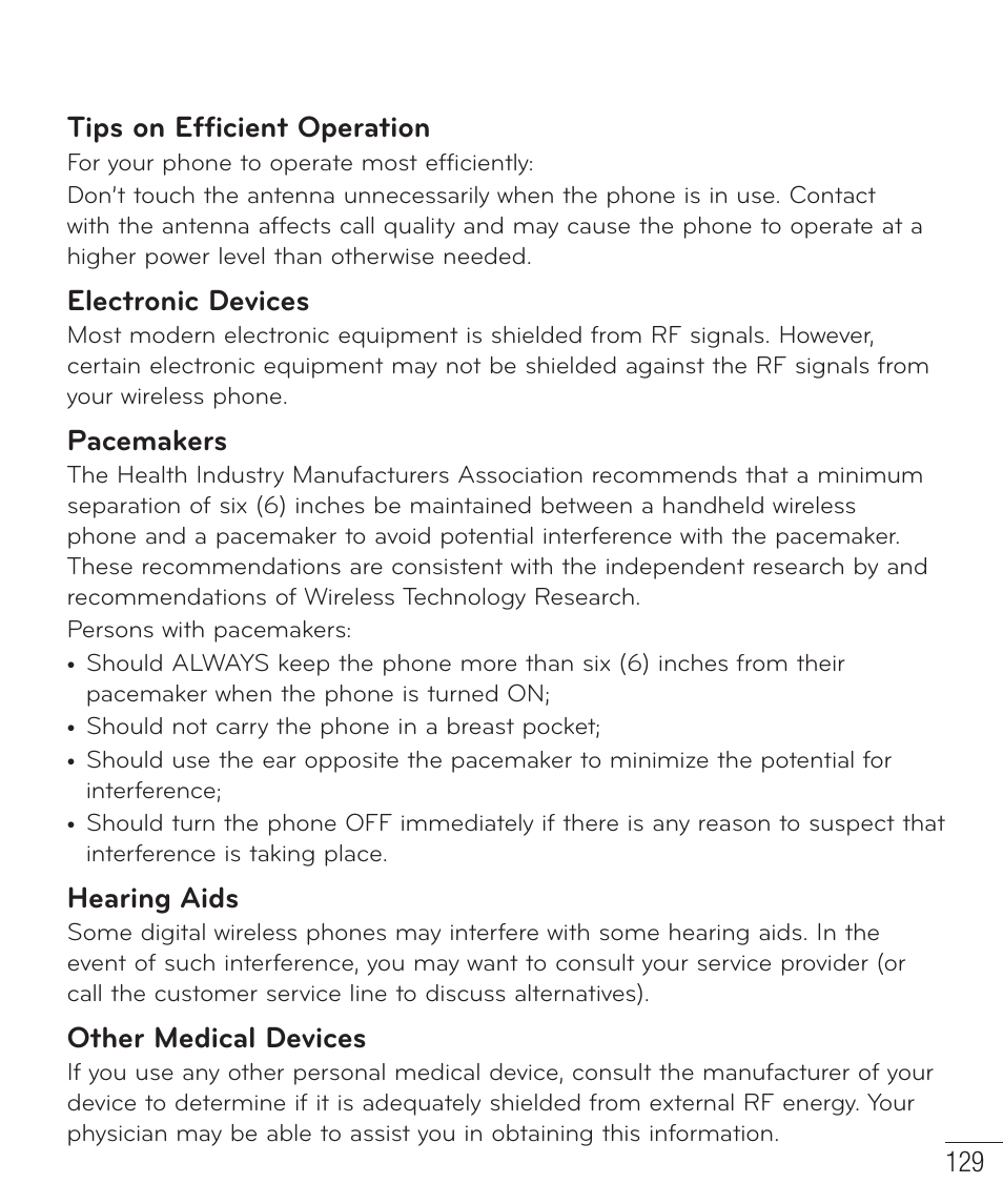 Tips on efficient operation, Electronic devices, Pacemakers | Hearing aids, Other medical devices | LG LGD851TN User Manual | Page 130 / 145