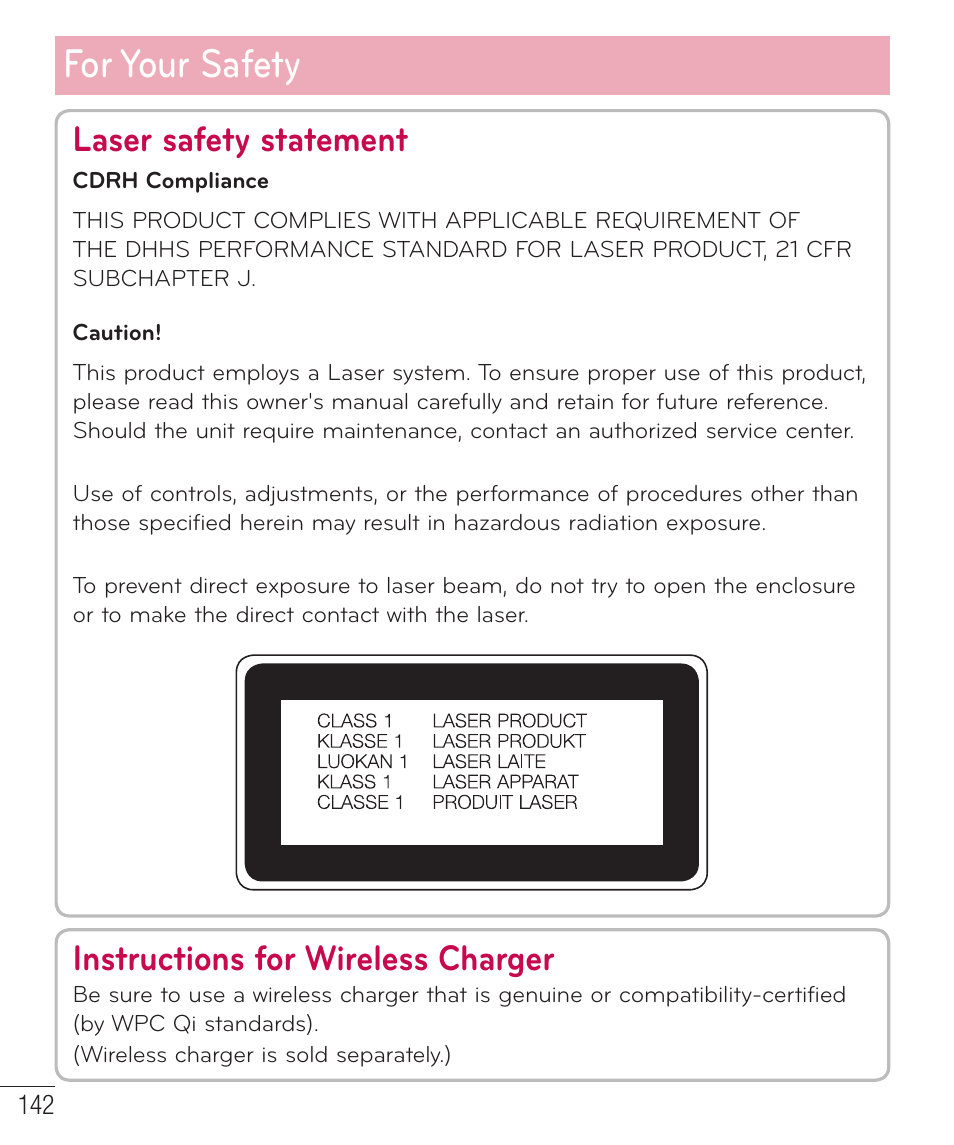 For your safety, Laser safety statement, Instructions for wireless charger | LG LGD851TN User Manual | Page 143 / 145