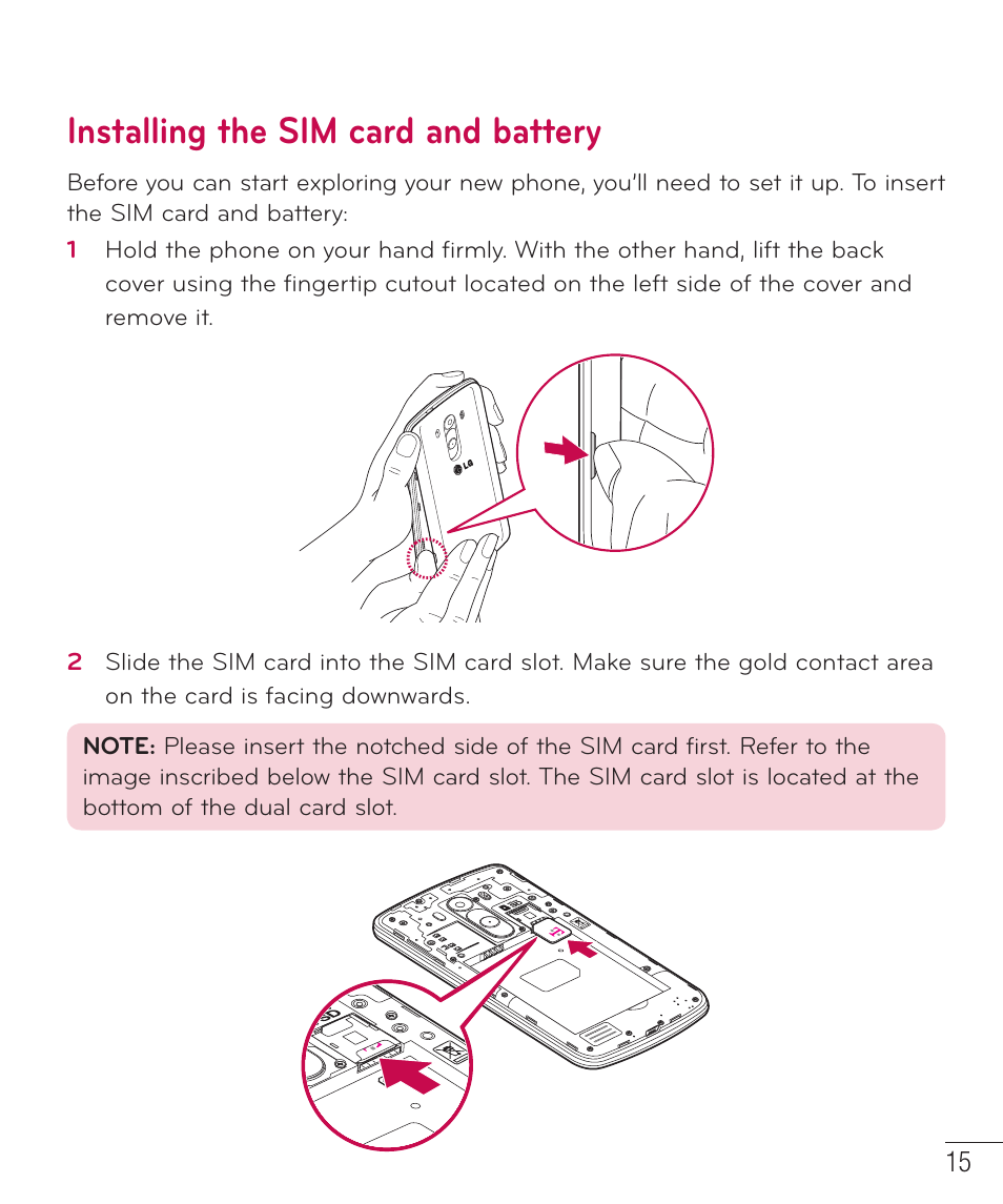 Installing the sim card and battery | LG LGD851TN User Manual | Page 16 / 145