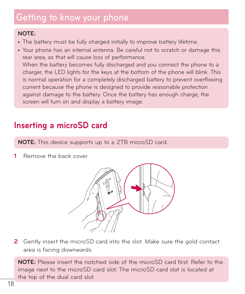 Inserting a microsd card, Getting to know your phone | LG LGD851TN User Manual | Page 19 / 145