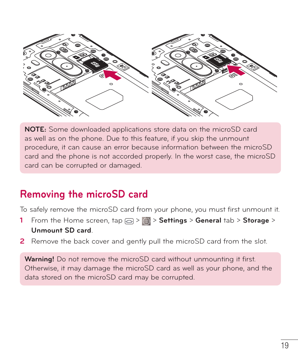 Removing the microsd card | LG LGD851TN User Manual | Page 20 / 145