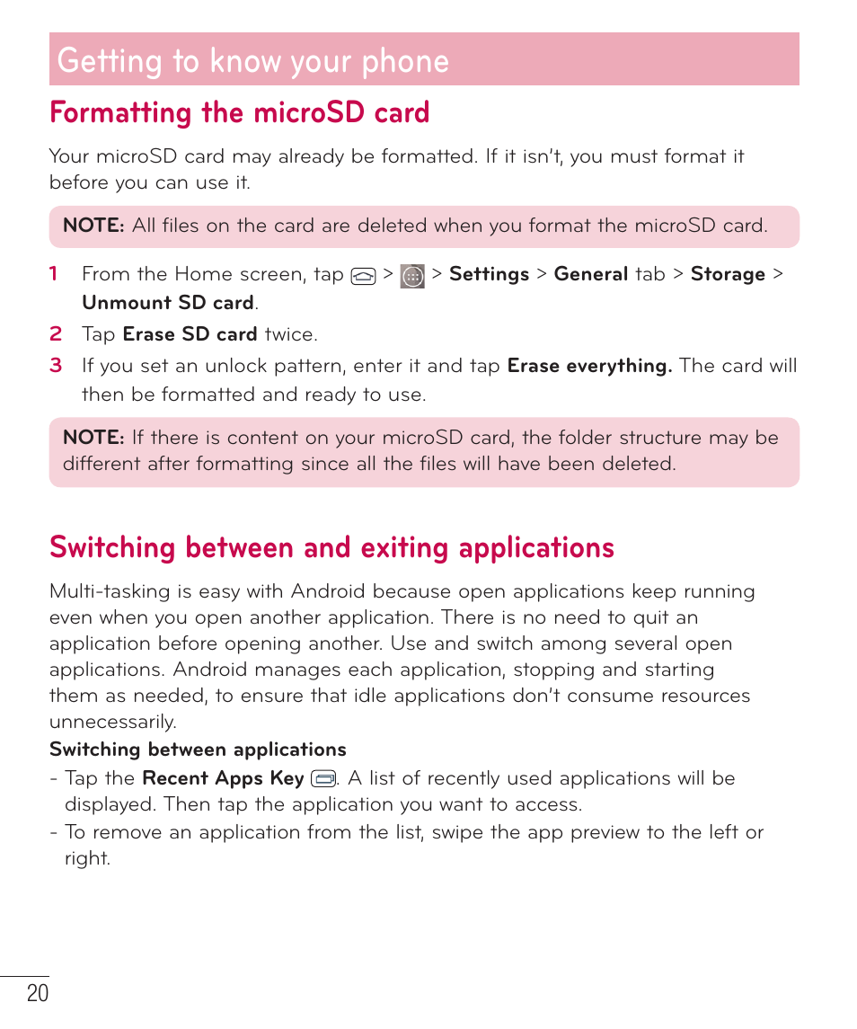 Formatting the microsd card, Switching between and exiting applications, Getting to know your phone | LG LGD851TN User Manual | Page 21 / 145