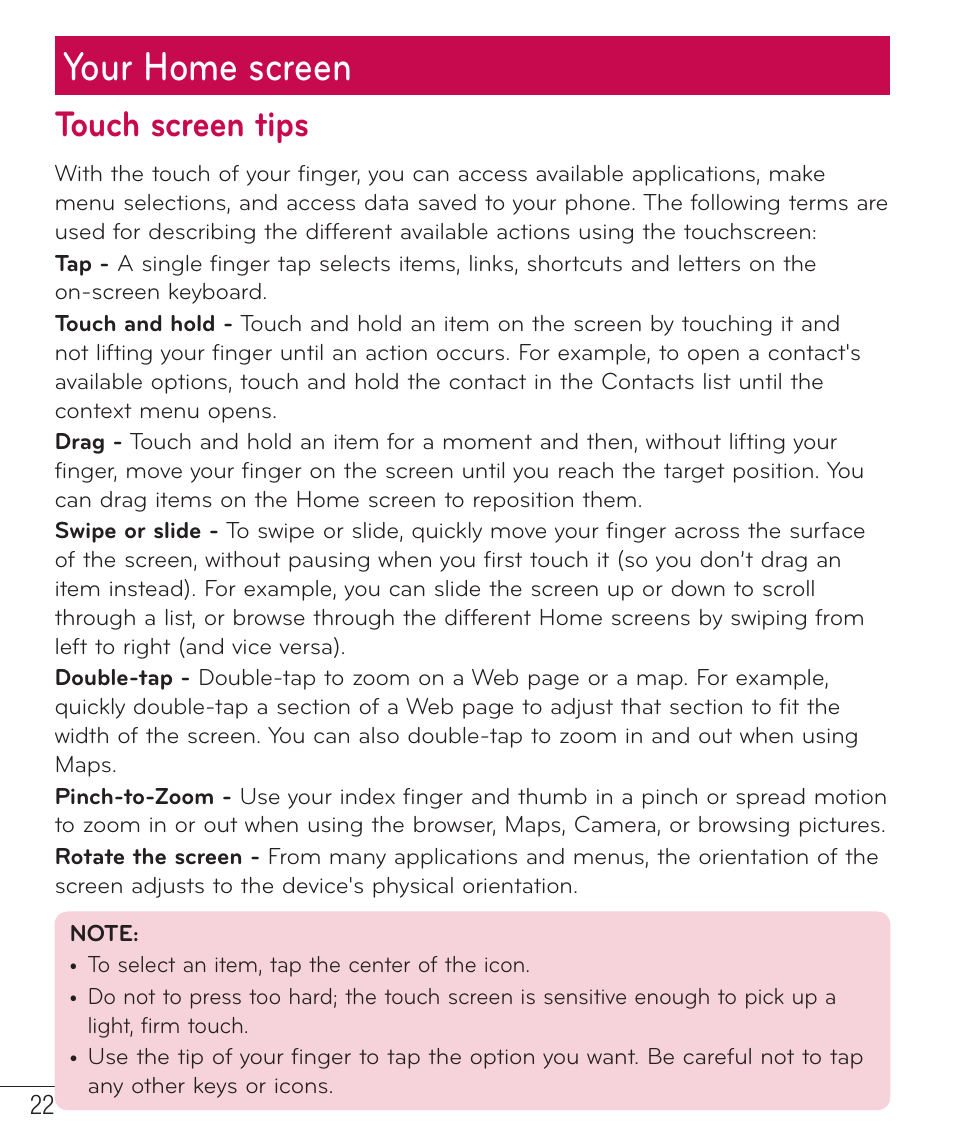 Your home screen, Touch screen tips | LG LGD851TN User Manual | Page 23 / 145