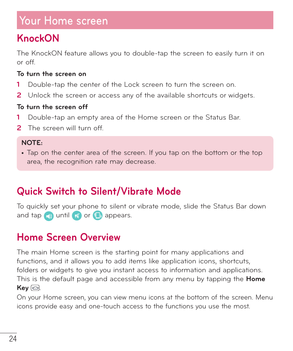 Knockon, Quick switch to silent/vibrate mode, Home screen overview | Your home screen | LG LGD851TN User Manual | Page 25 / 145