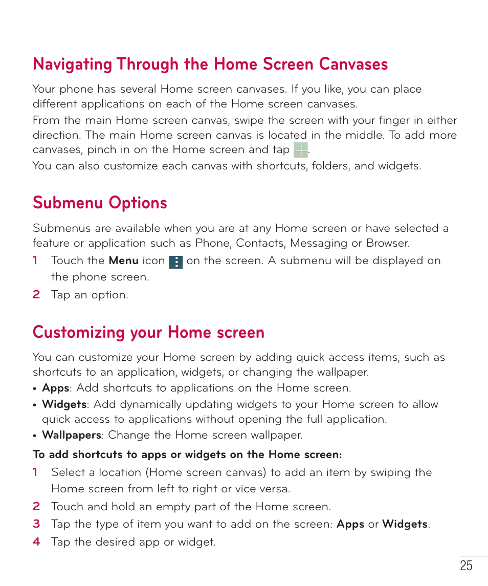 Navigating through the home screen canvases, Submenu options, Customizing your home screen | LG LGD851TN User Manual | Page 26 / 145