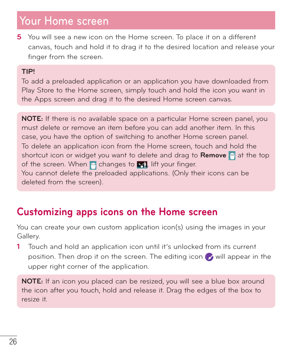 Customizing apps icons on the home screen, Your home screen | LG LGD851TN User Manual | Page 27 / 145