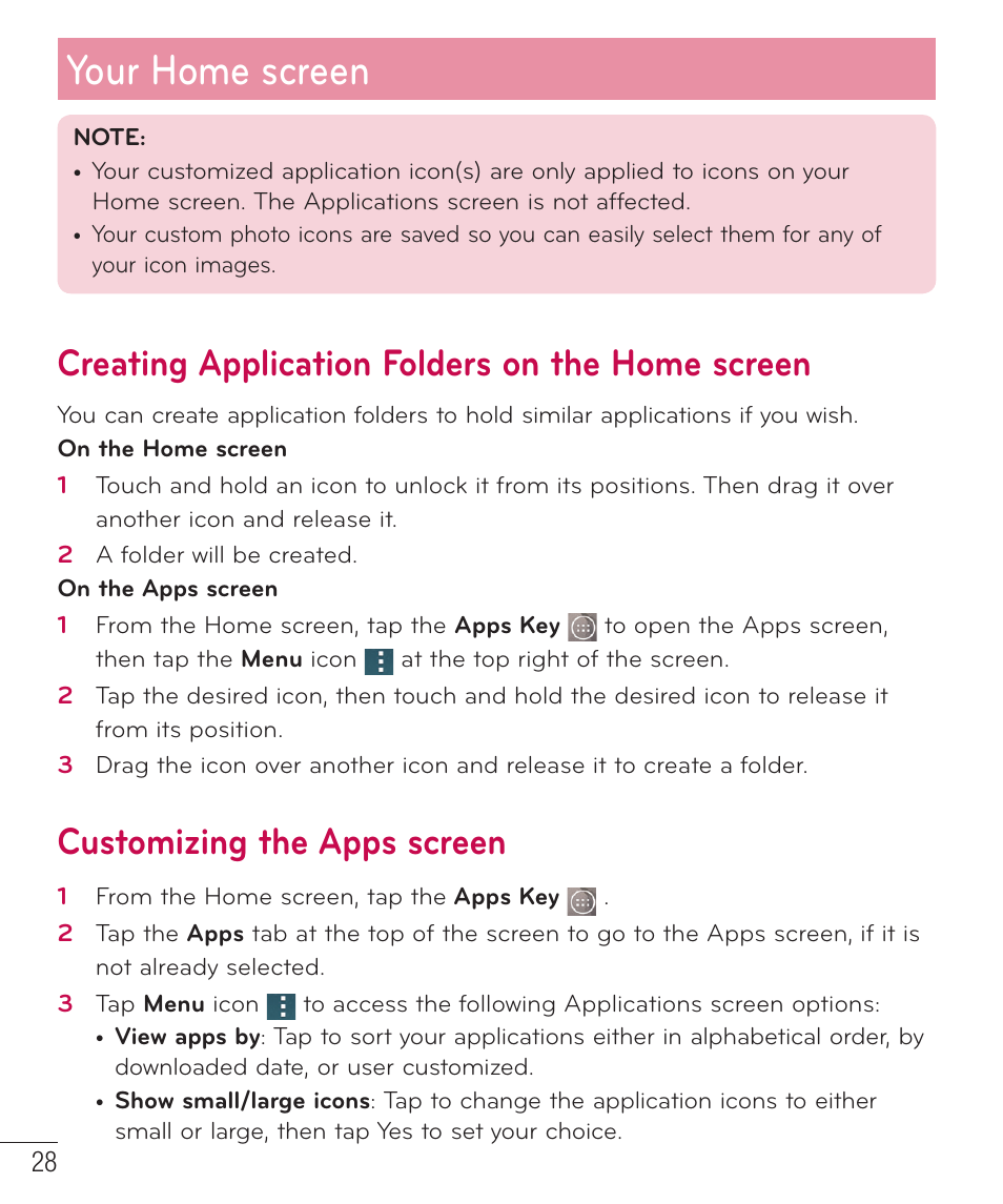 Creating application folders on the home screen, Customizing the apps screen, Your home screen | LG LGD851TN User Manual | Page 29 / 145