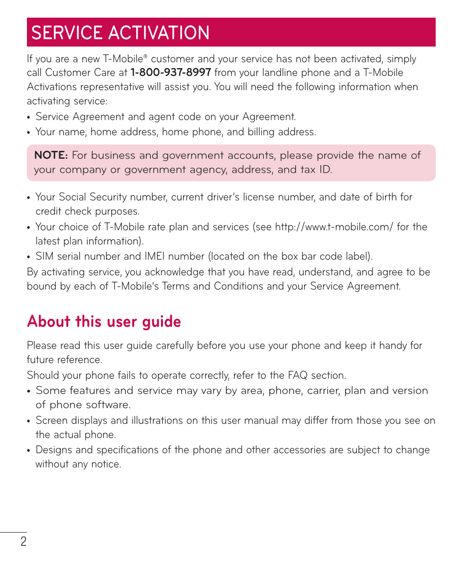 Service activation, About this user guide | LG LGD851TN User Manual | Page 3 / 145