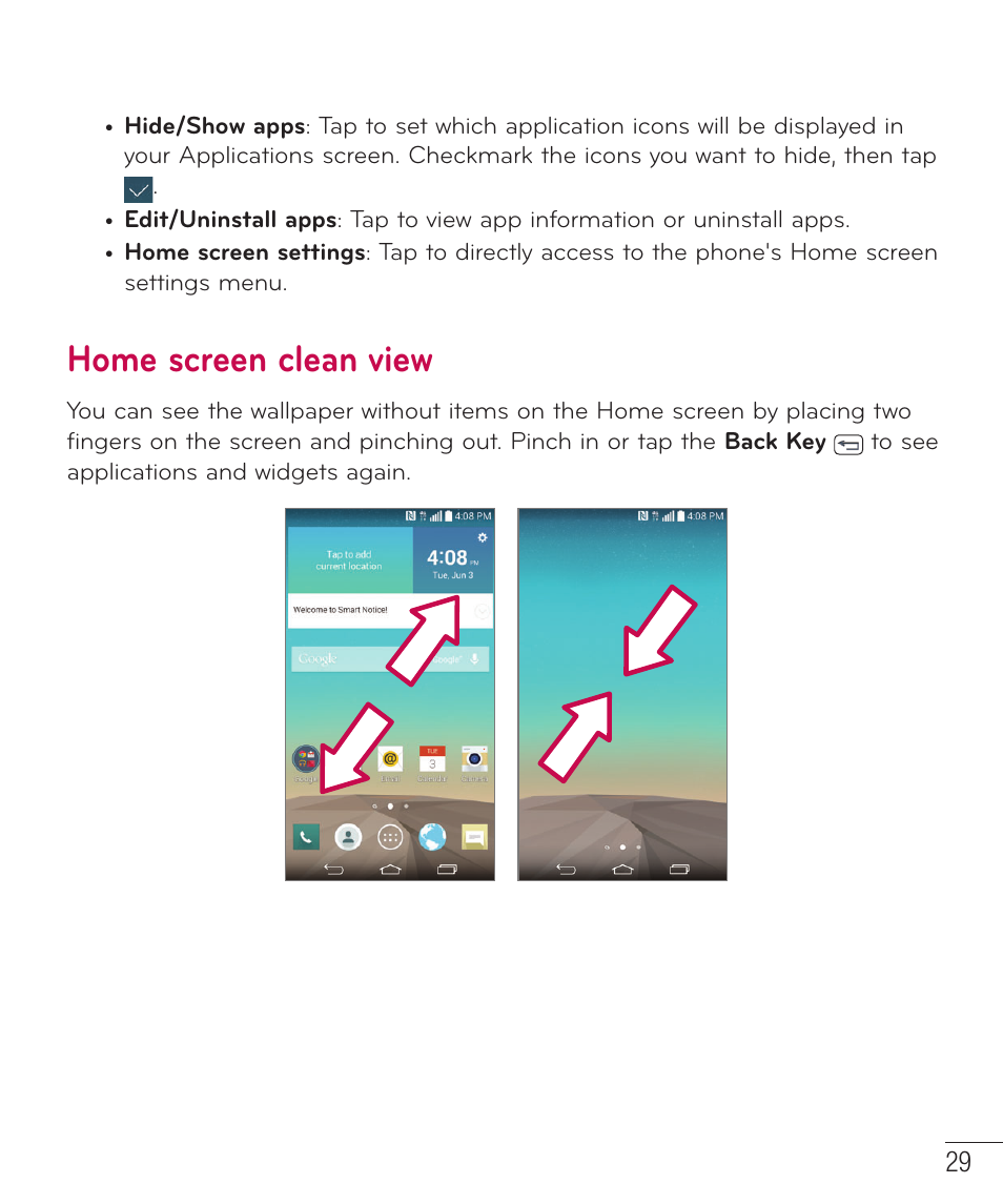 Home screen clean view | LG LGD851TN User Manual | Page 30 / 145
