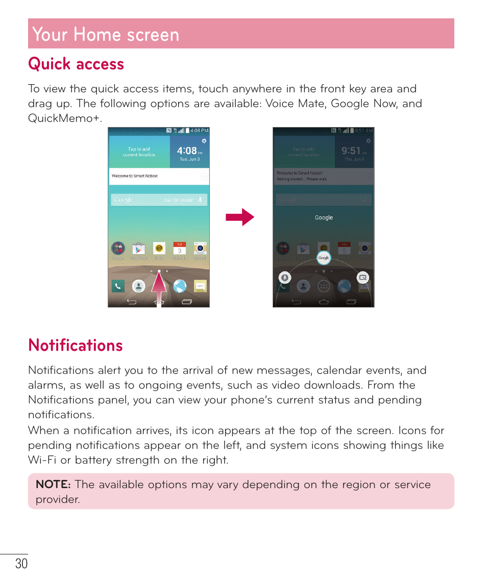 Quick access, Notifications, Your home screen | LG LGD851TN User Manual | Page 31 / 145