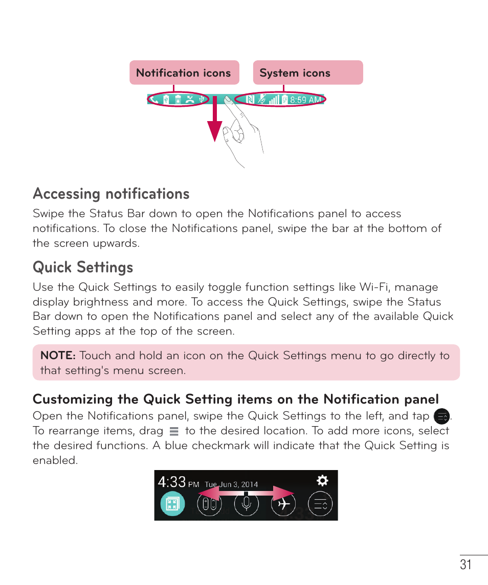 Accessing notifications, Quick settings | LG LGD851TN User Manual | Page 32 / 145