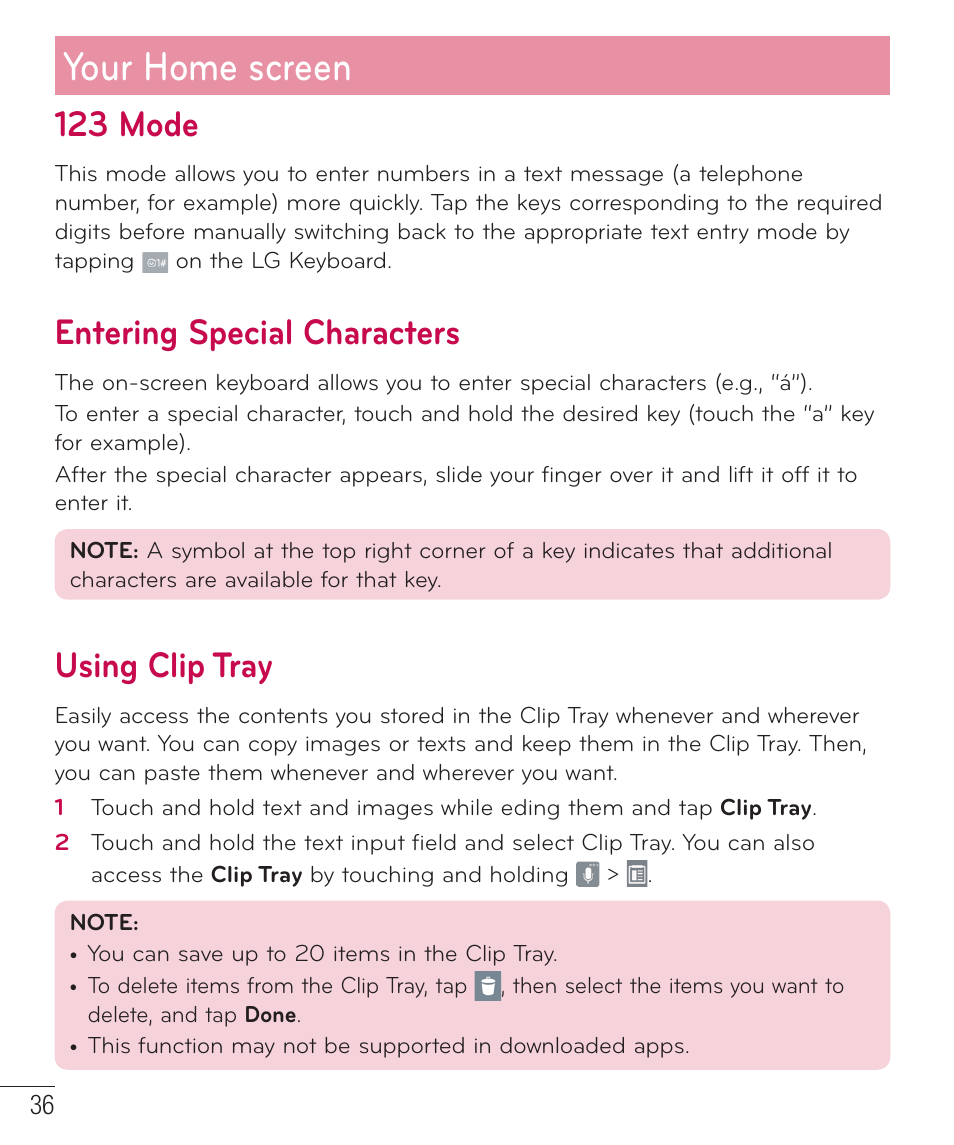 123 mode, Entering special characters, Using clip tray | Your home screen | LG LGD851TN User Manual | Page 37 / 145