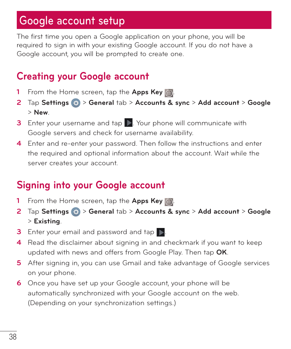 Google account setup, Creating your google account, Signing into your google account | LG LGD851TN User Manual | Page 39 / 145