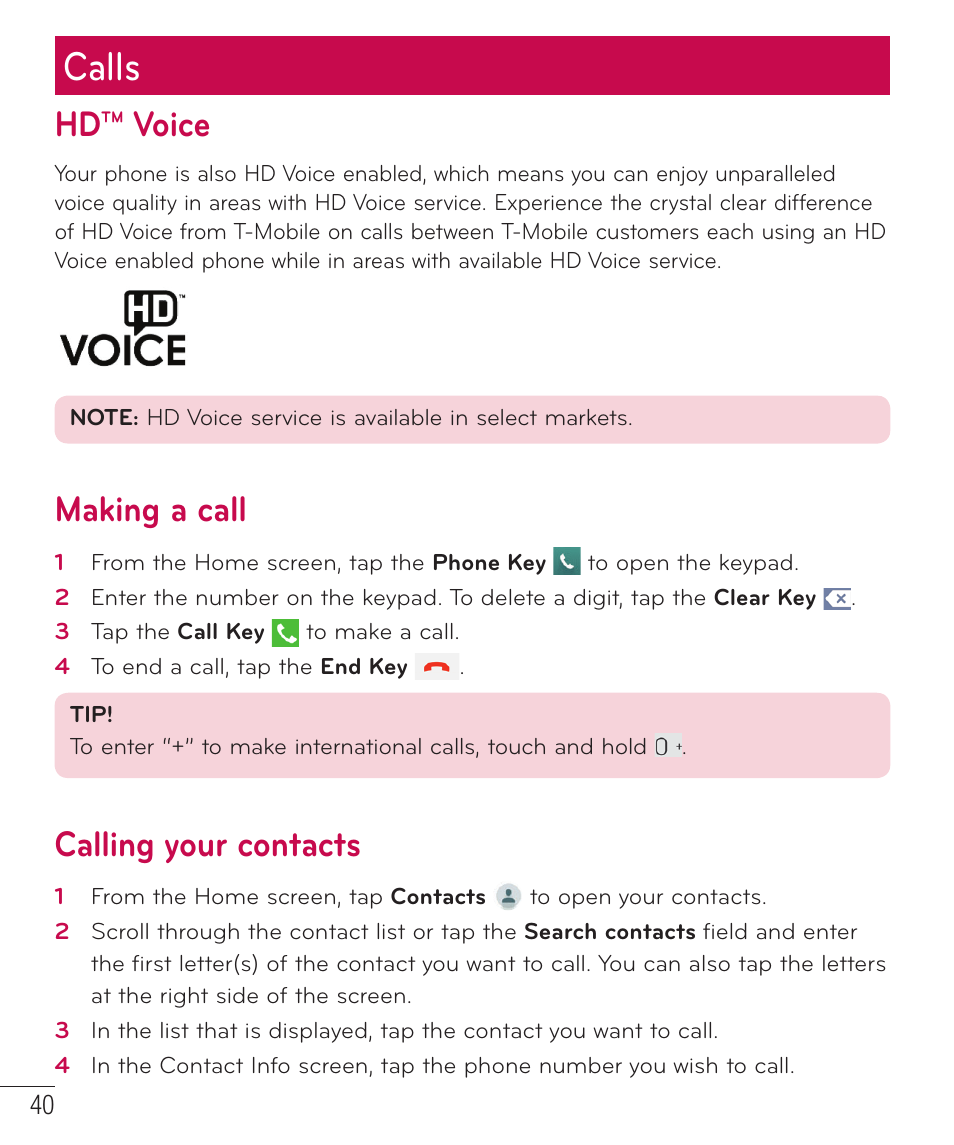 Calls, Hd™ voice, Making a call | Calling your contacts | LG LGD851TN User Manual | Page 41 / 145