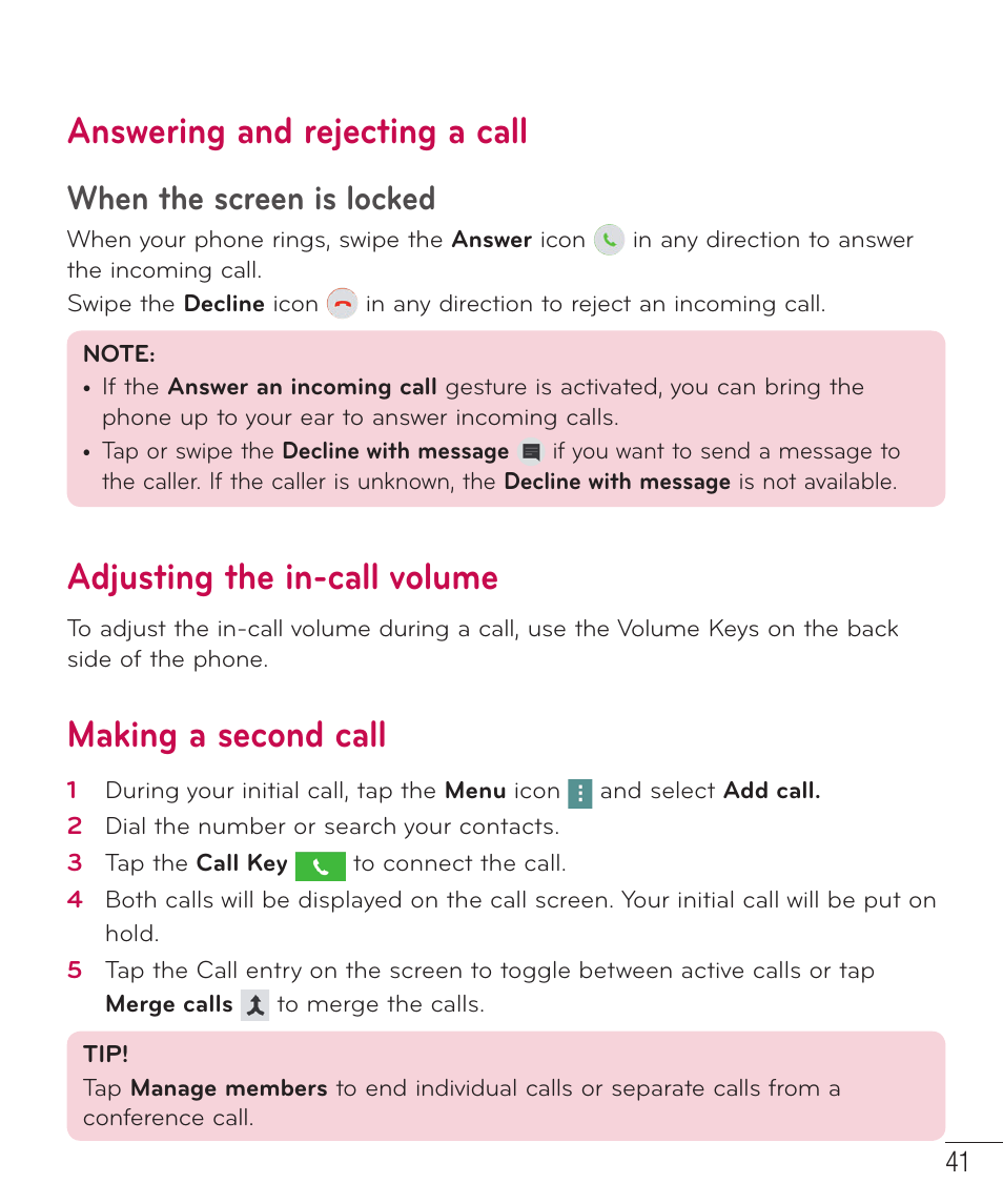 Answering and rejecting a call, Adjusting the in-call volume, Making a second call | When the screen is locked | LG LGD851TN User Manual | Page 42 / 145