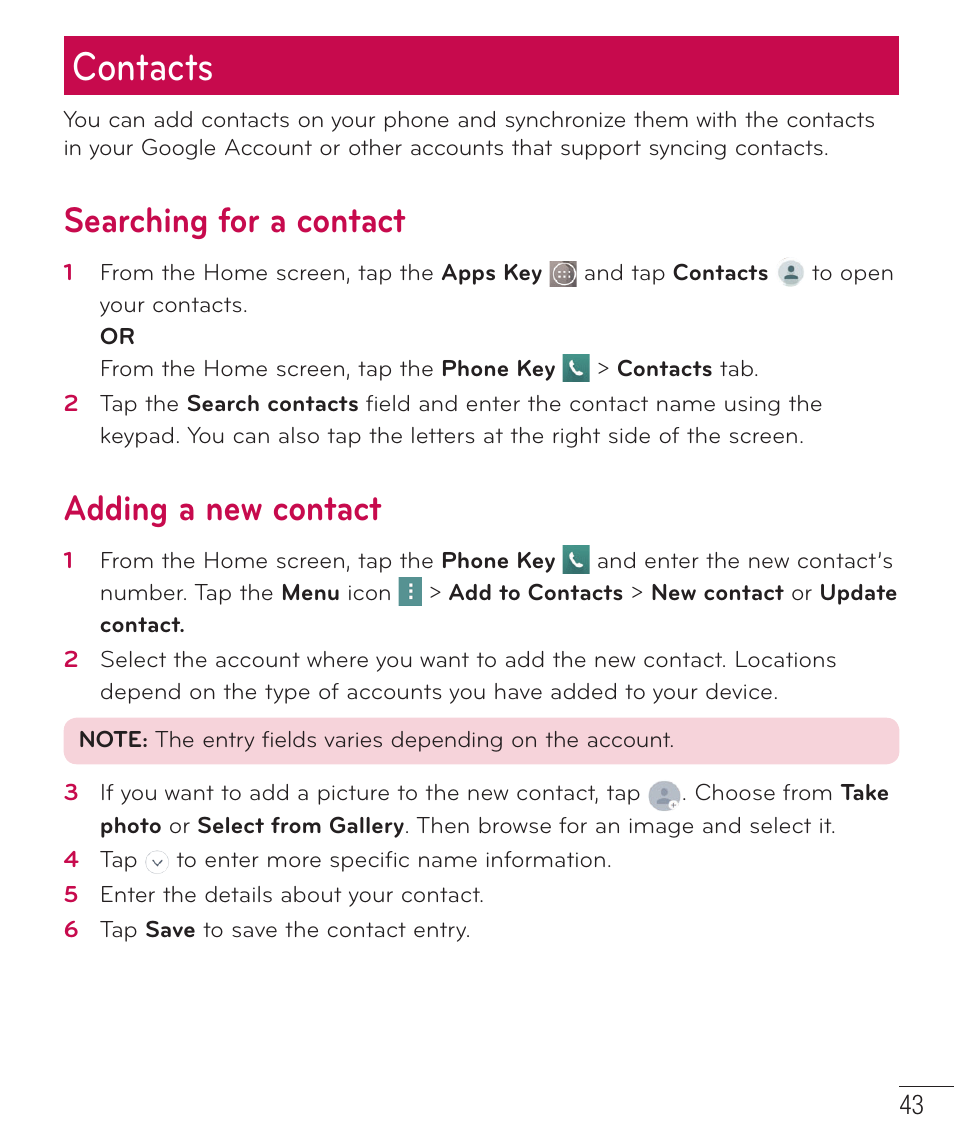 Contacts, Searching for a contact, Adding a new contact | LG LGD851TN User Manual | Page 44 / 145