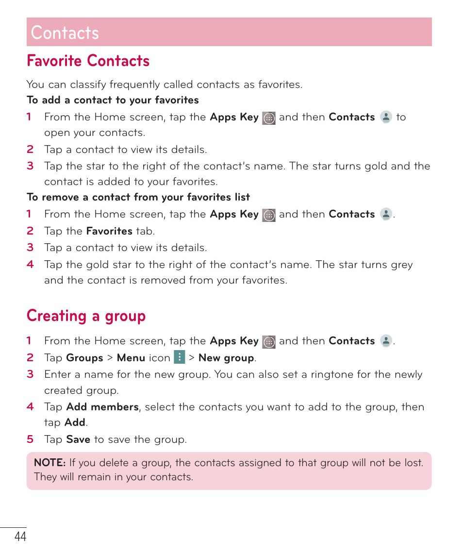 Favorite contacts, Creating a group, Contacts | LG LGD851TN User Manual | Page 45 / 145