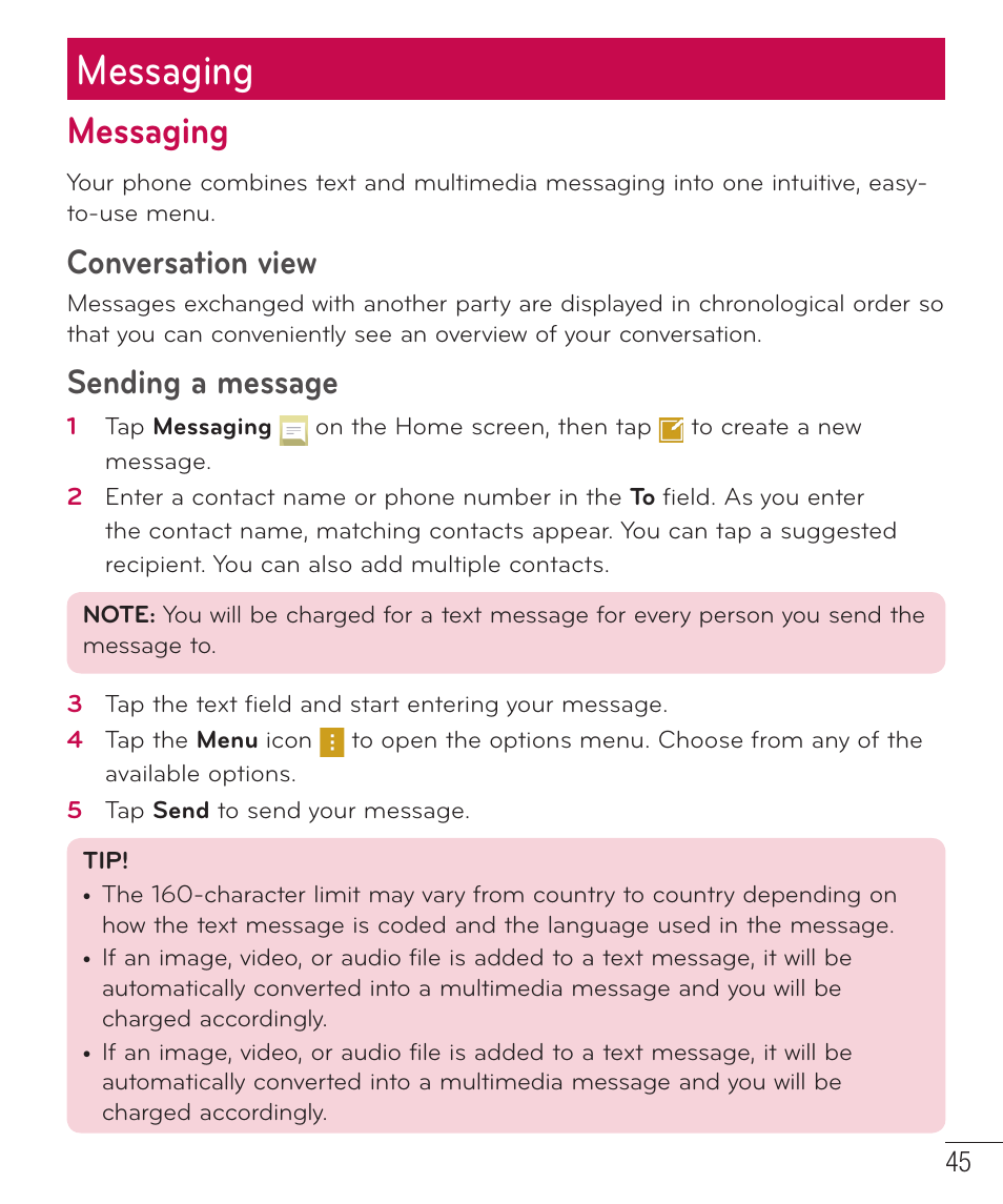 Messaging, Conversation view, Sending a message | LG LGD851TN User Manual | Page 46 / 145