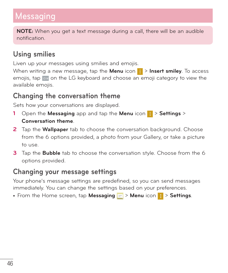 Messaging, Using smilies, Changing the conversation theme | Changing your message settings | LG LGD851TN User Manual | Page 47 / 145
