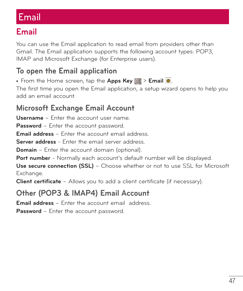 Email, Microsoft exchange email account, Other (pop3 & imap4) email account | LG LGD851TN User Manual | Page 48 / 145