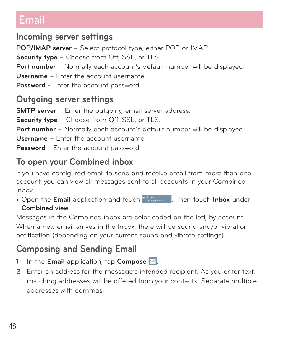 Email, Incoming server settings, Outgoing server settings | Composing and sending email | LG LGD851TN User Manual | Page 49 / 145