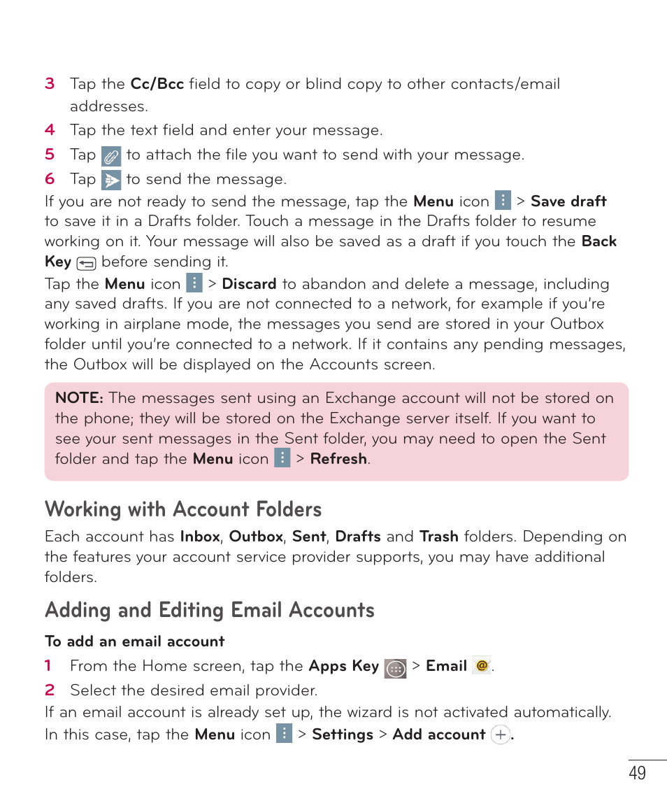 Working with account folders, Adding and editing email accounts | LG LGD851TN User Manual | Page 50 / 145