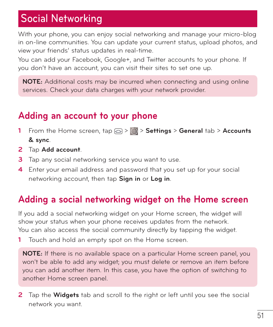 Social networking, Adding an account to your phone | LG LGD851TN User Manual | Page 52 / 145