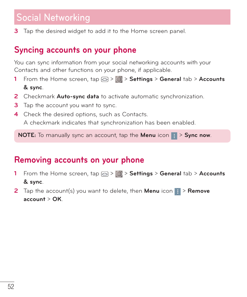 Syncing accounts on your phone, Removing accounts on your phone, Social networking | LG LGD851TN User Manual | Page 53 / 145