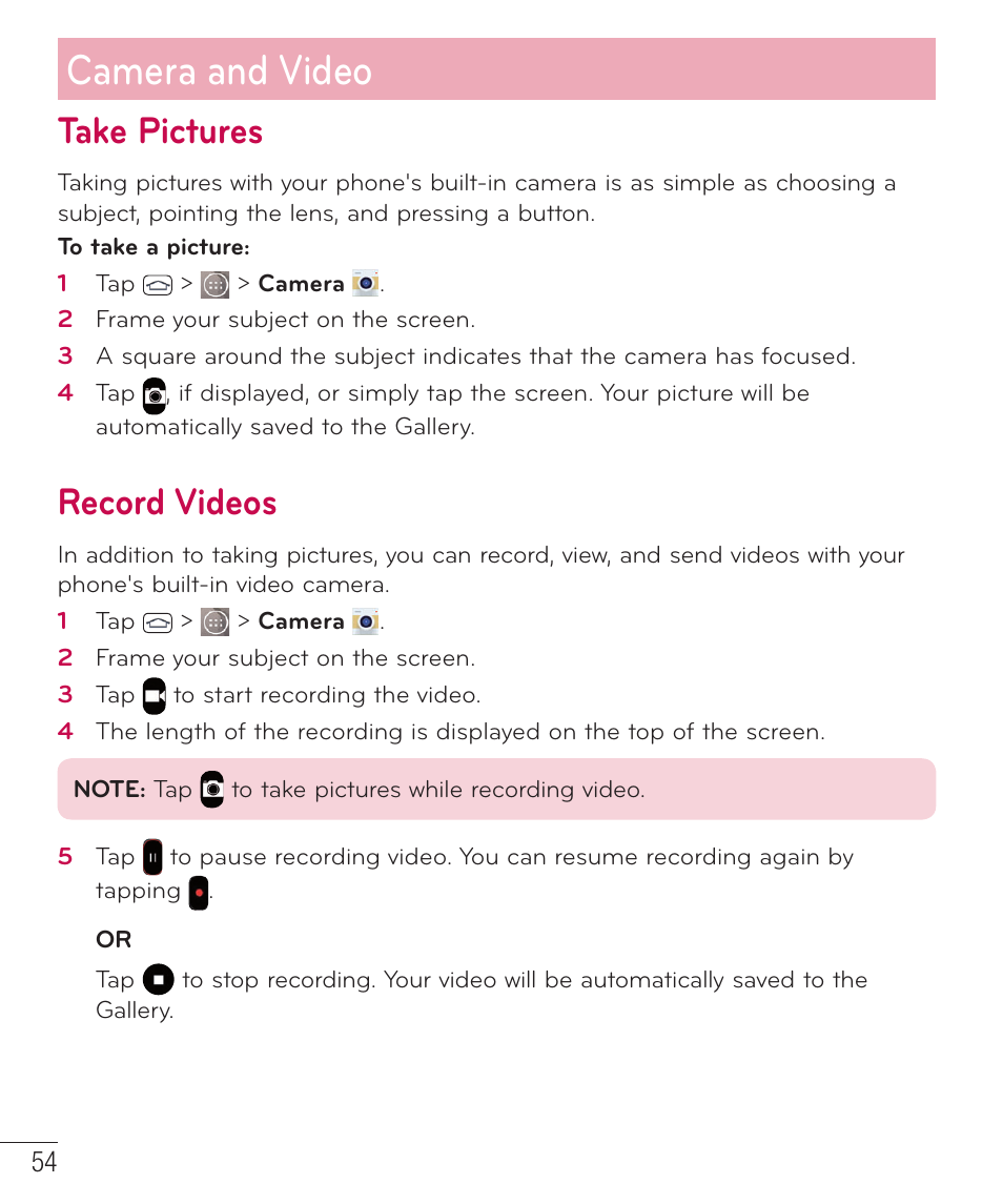 Take pictures, Record videos, Camera and video | LG LGD851TN User Manual | Page 55 / 145