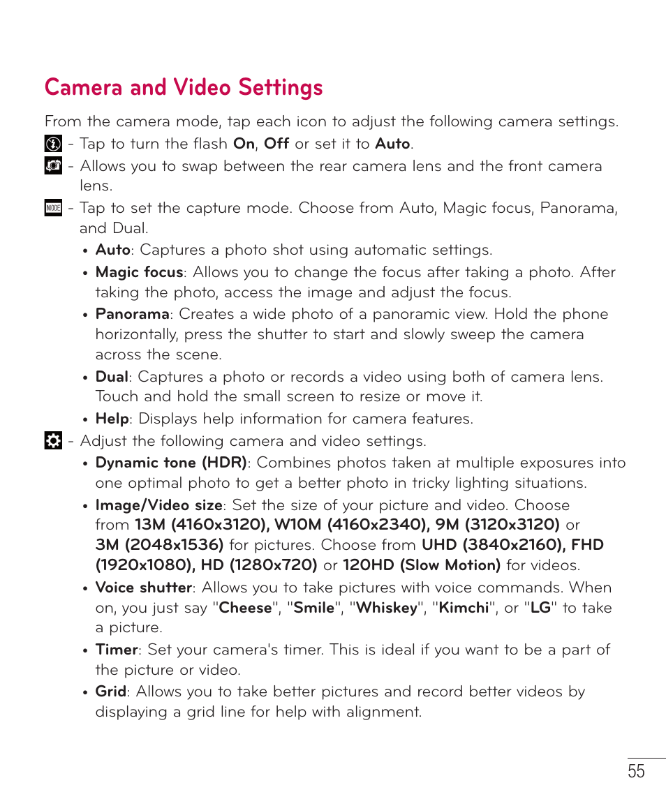 Camera and video settings | LG LGD851TN User Manual | Page 56 / 145