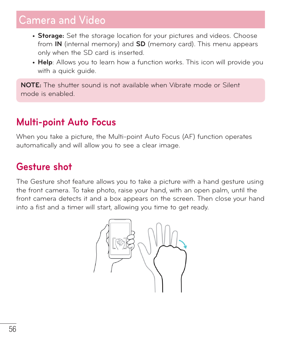 Multi-point auto focus, Gesture shot, Camera and video | LG LGD851TN User Manual | Page 57 / 145