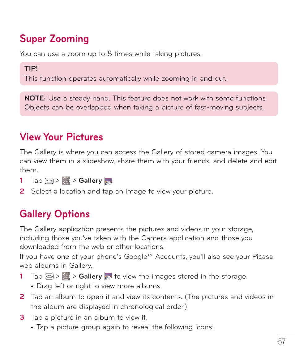 Super zooming, View your pictures, Gallery options | LG LGD851TN User Manual | Page 58 / 145