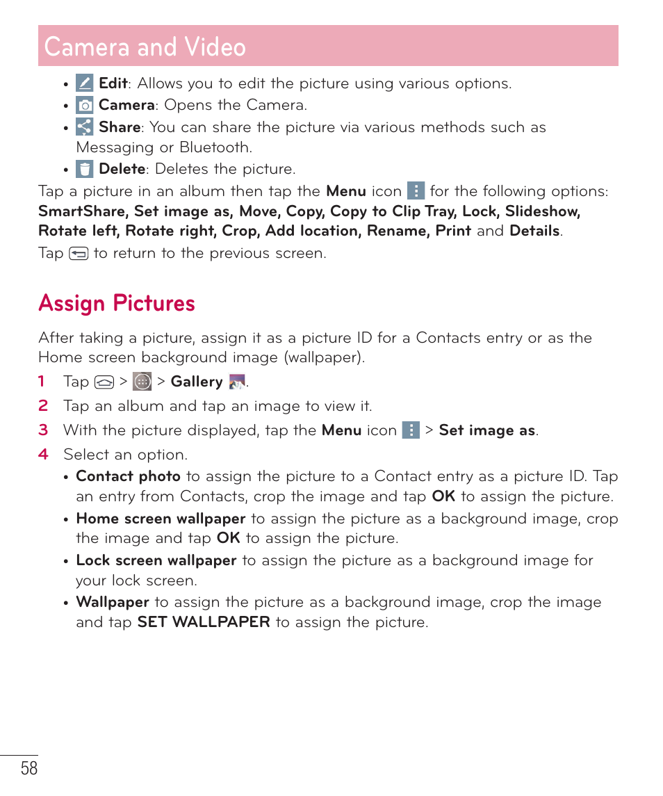 Assign pictures, Camera and video | LG LGD851TN User Manual | Page 59 / 145