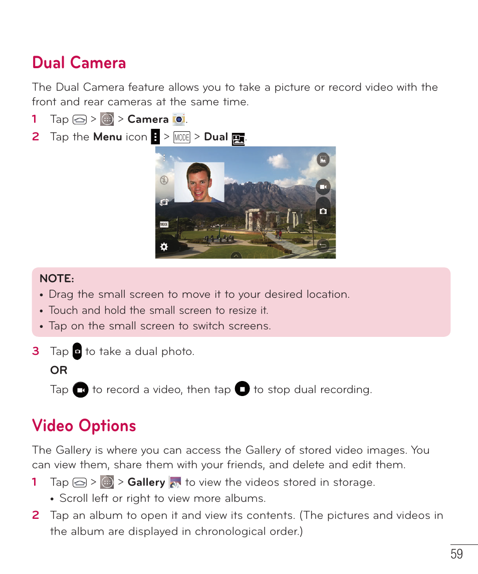 Dual camera, Video options | LG LGD851TN User Manual | Page 60 / 145