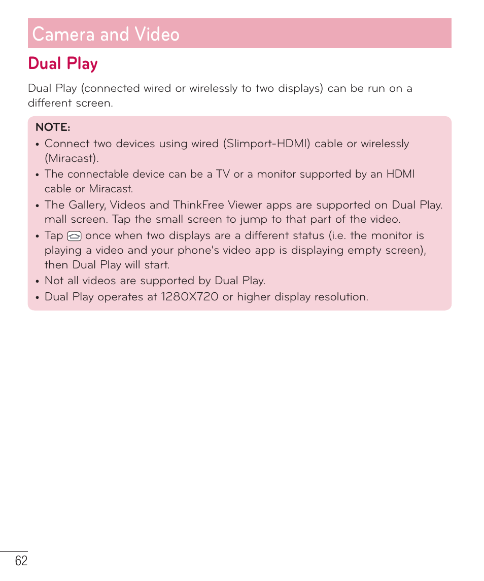 Dual play, Camera and video | LG LGD851TN User Manual | Page 63 / 145