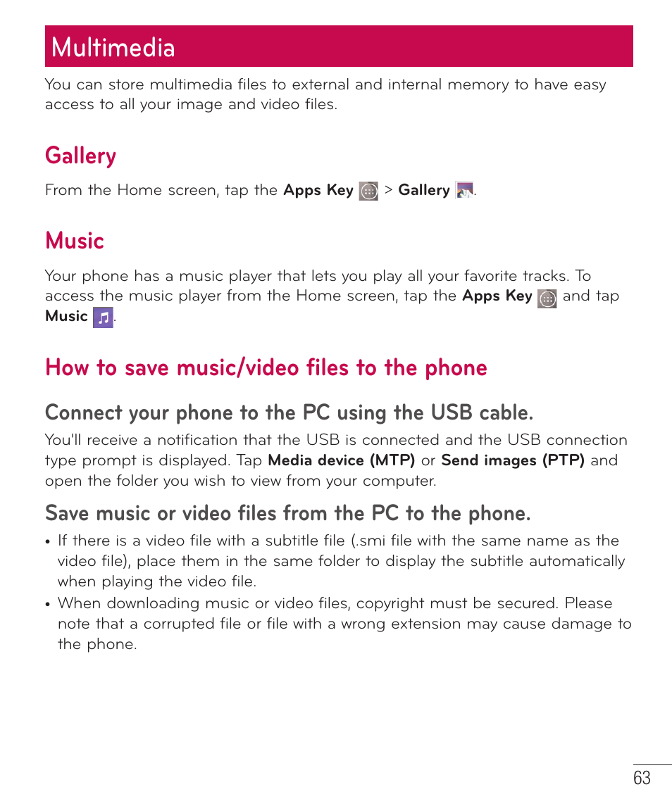Multimedia, Gallery, Music | How to save music/video files to the phone, Connect your phone to the pc using the usb cable, Save music or video files from the pc to the phone | LG LGD851TN User Manual | Page 64 / 145