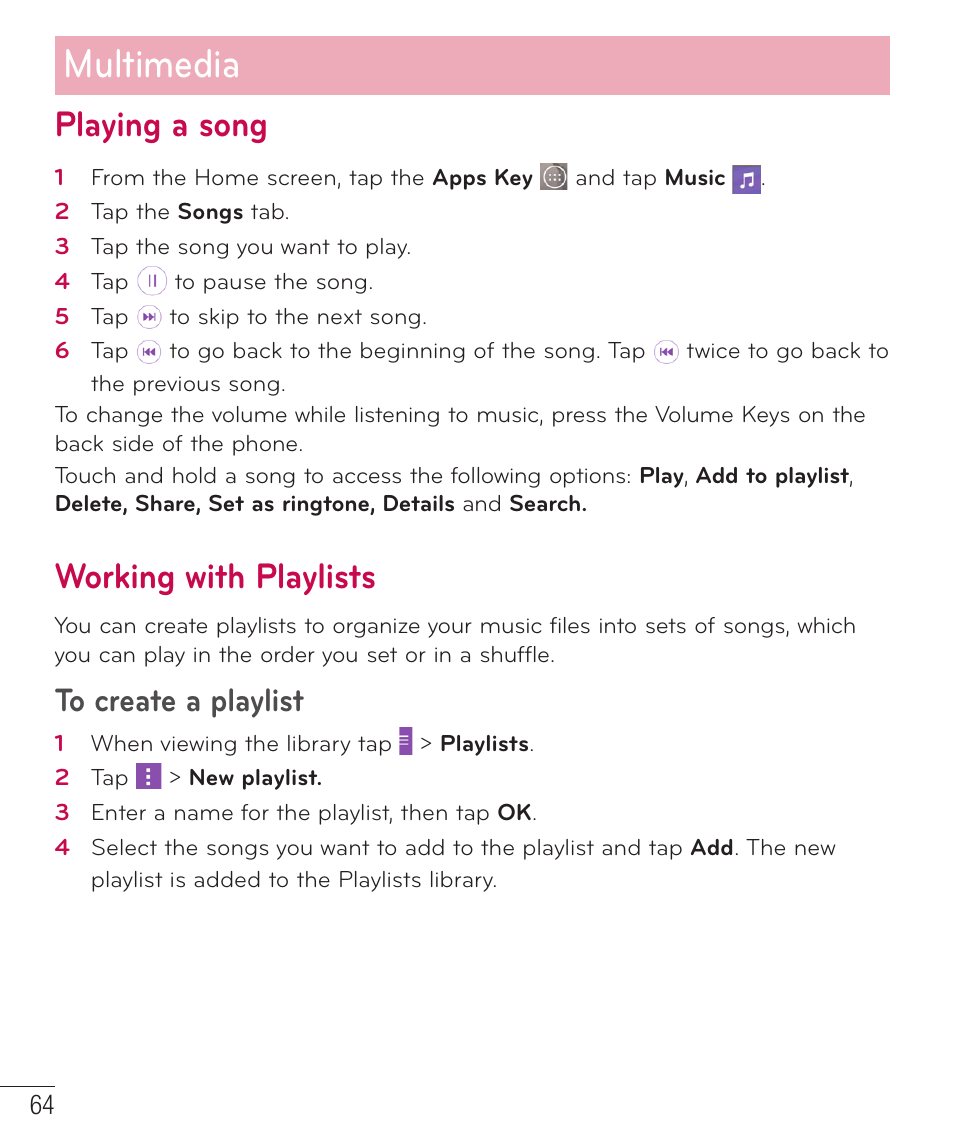Playing a song, Working with playlists, Multimedia | LG LGD851TN User Manual | Page 65 / 145