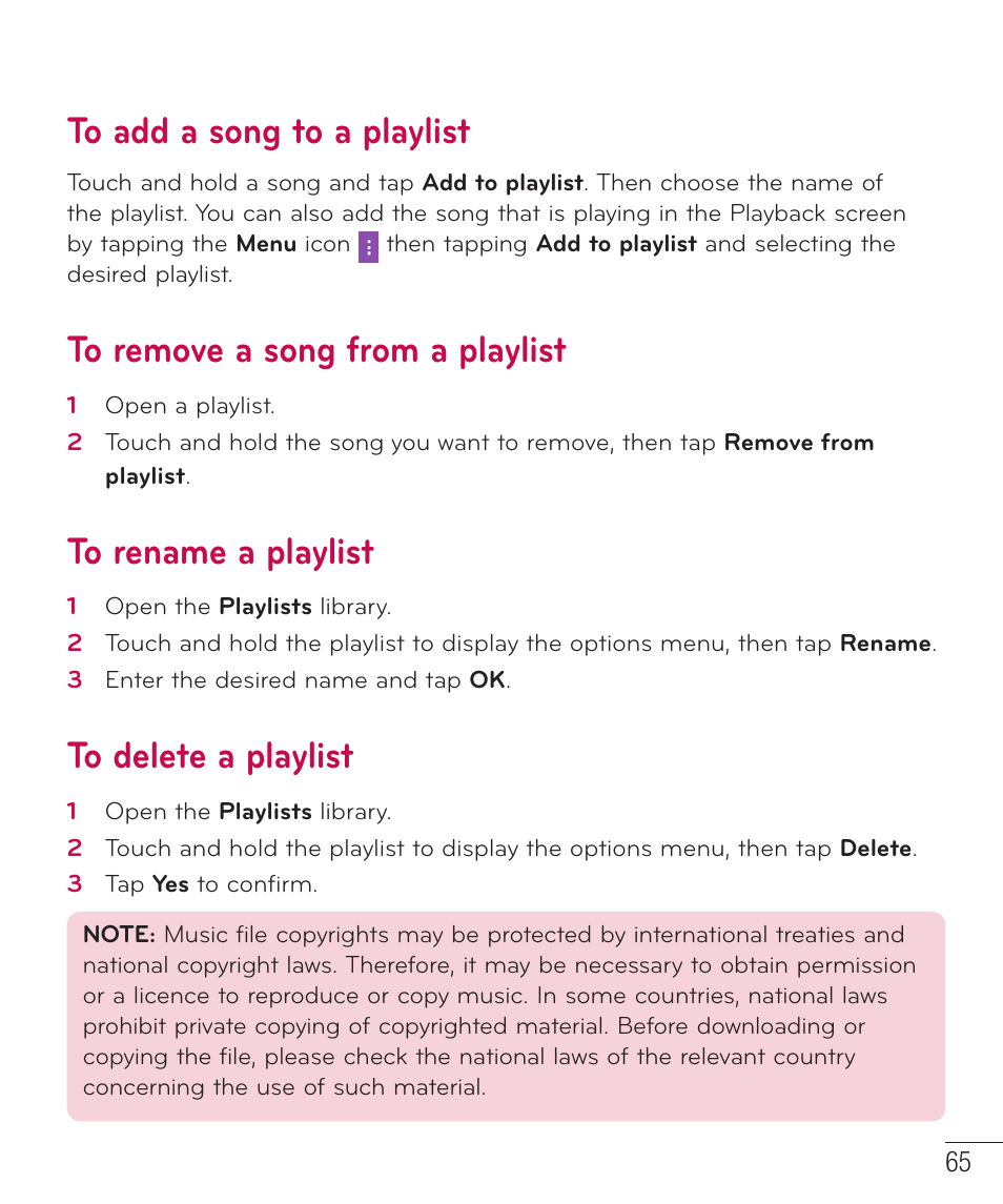To add a song to a playlist, To remove a song from a playlist, To rename a playlist | To delete a playlist | LG LGD851TN User Manual | Page 66 / 145