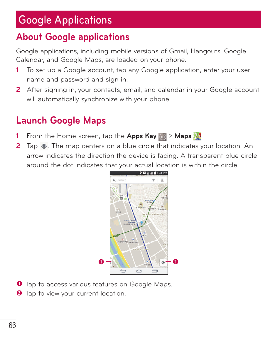 Google applications, About google applications, Launch google maps | LG LGD851TN User Manual | Page 67 / 145