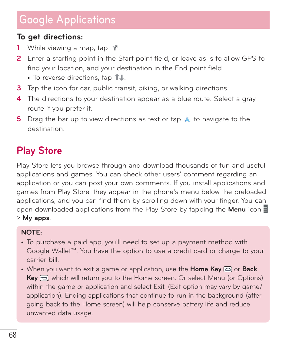 Play store, Google applications | LG LGD851TN User Manual | Page 69 / 145