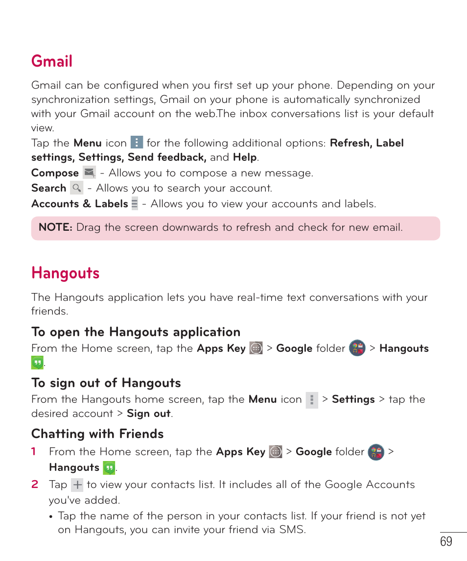 Gmail, Hangouts, Chatting with friends | LG LGD851TN User Manual | Page 70 / 145